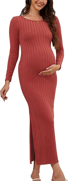 guruixu Women's Maternity Sweater Dress Ribbed Knit Long Sleeve Maxi Bodycon Dress for Baby Shower Casual Pregnancy Outfits Mocha