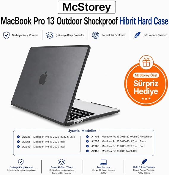 McStorey MacBook Pro 13 Darbe Korumalı Kılıf A1706 A1708 A1989 A2159 A2251 A2289 A2338 M1 M2 Uyumlu Mat Sert Kapak Koruyucu Kılıf Siyah