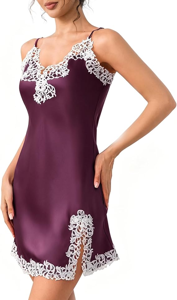 THXSILK Women's Sexy Silk Nightgown, 19 Momme Mulberry Silk Sleepwear V-neck Lace Spaghetti Strap Chemise Short Dress