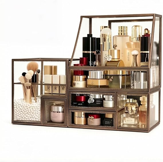 Luxury Glass Makeup Organizer Antique Bronze Metal Frame, Clear Vanity Countertop Storage Case for Cosmetics, Skincare, Perfume, Jewelry, Brush Holder