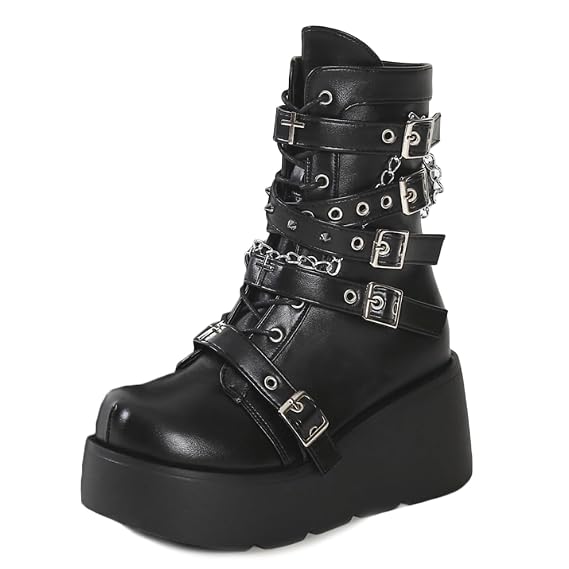Platform Ankle Boots for Women Chunky High Heel Booties Goth Round Toe Combat Boots Lace Up Punk Motorcycle Wedges Boots
