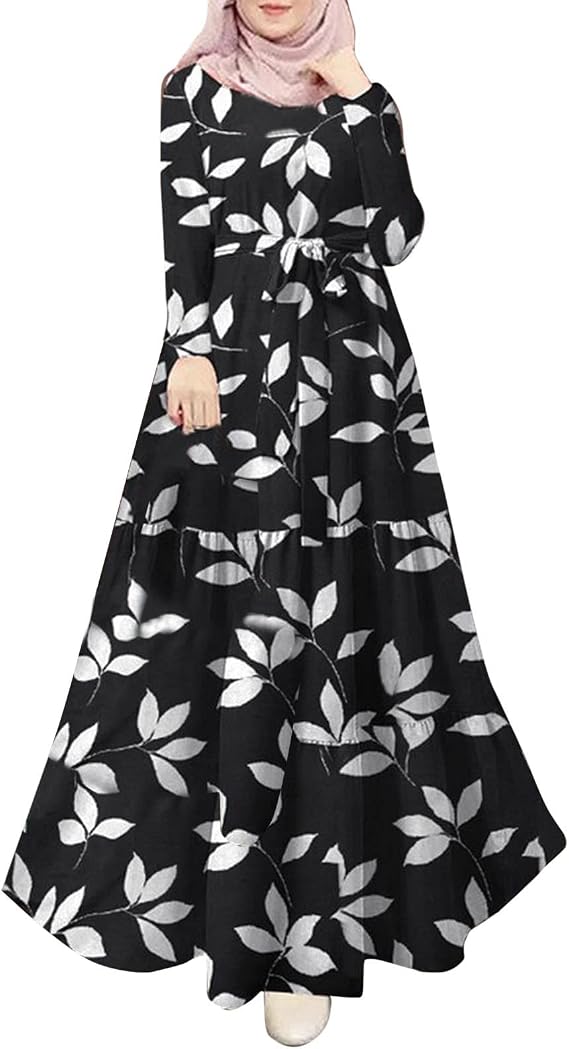 Generic Kaftan Dresses for Women Floral Print Long Robe Ramadan Abaya Maxi Dress Long Sleeve Muslim Eid Outfits Turkish Prayer Clothes Arabic Pakistani Ethnic Dresses Islamic Robe Black Small