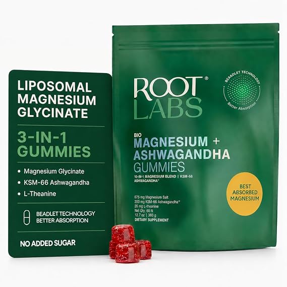Root Labs Magnesium Glycinate Gummies 675mg | Ashwagandha, L-Theanine | Stress Relief, Sleep Support & Recovery | 60 Gummies