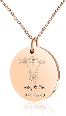 Personalized Birth Month Flowers Bouquet Necklace for Women, Custom Birthday Flowers Necklace Floral Coin Pendant Necklace Jewelry Gift for Her Mom Grandma Sister