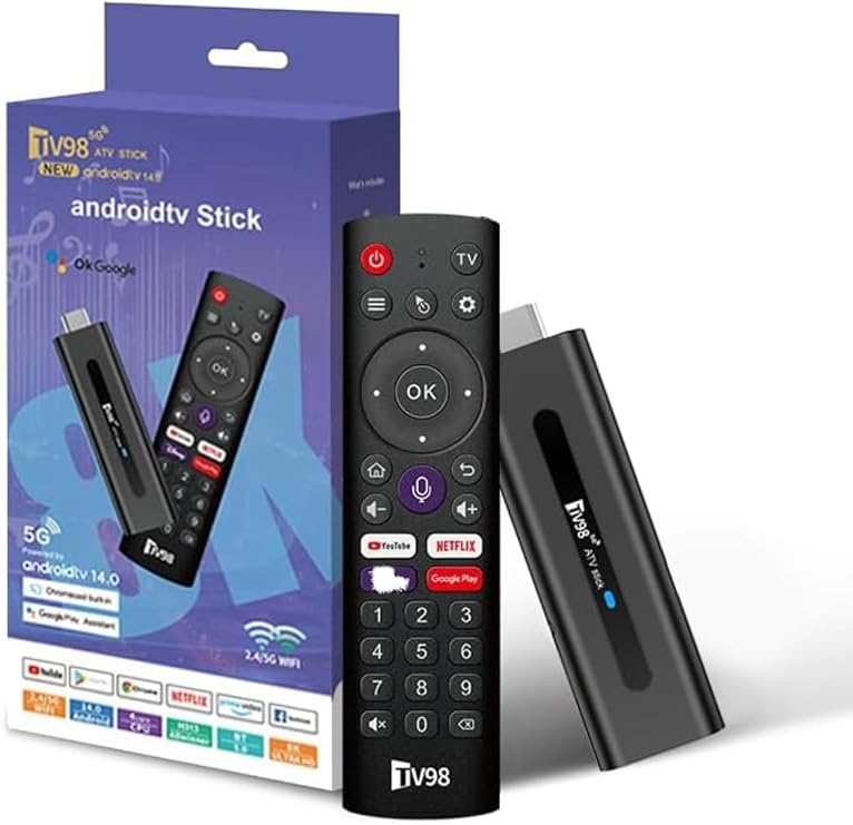 TV98 Android TV Stick 4K, H313 Smart Box with 2GB RAM 16GB ROM, Dual-Band WiFi, Voice Remote Control