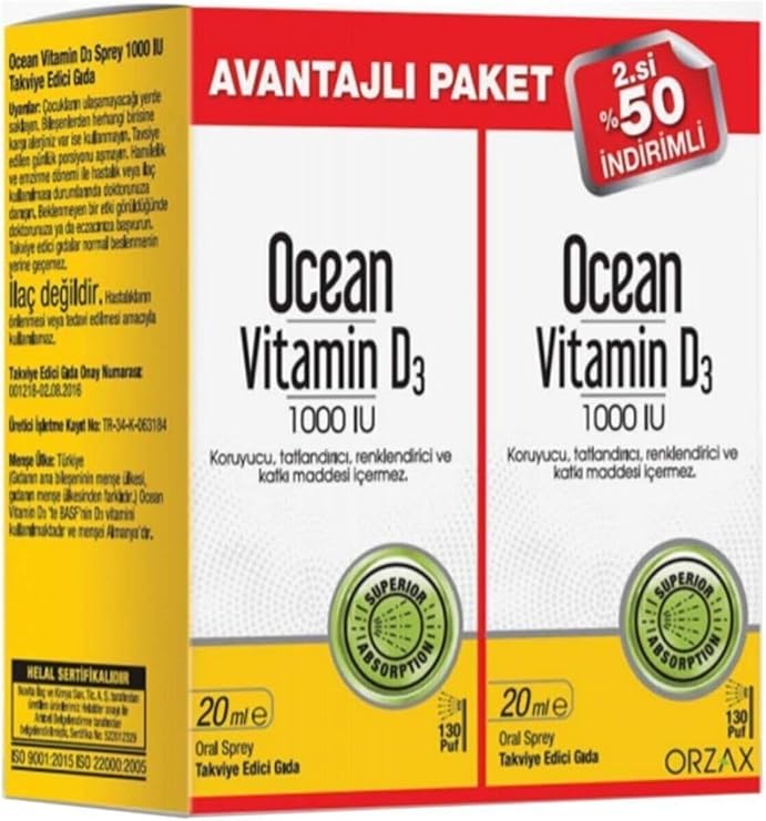 Orzax Ocean Vitamin D3 1000 IU Sprey 2'li Paket, 8697595872789
