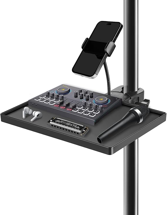 BILIONE Mic Stand Tray with Gooseneck Phone Holder, 10.6" X 7.8" Microphone Stand Tray Crab Clamp On Music Stand Floor Shelf Pole Mount, Karaoke Accessories