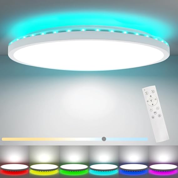 Peasur 30CM LED Ceiling Light 3000-6500K, 24W 3200LM Bathroom Light Dimmable with Remote Control, RGB Color Changing Backlight, Flush Round Ceiling Lights for Bedroom Kitchen Hallway [Energy Class D]
