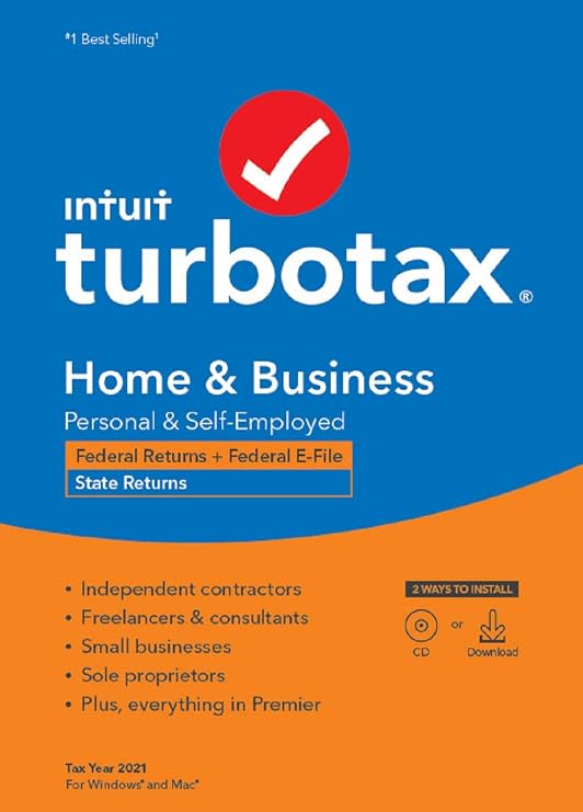 Intuit, TurboTax Home & Business 2021 Tax Software, Federal and State Tax Return w/Federal E-file [PC/Mac Disc]