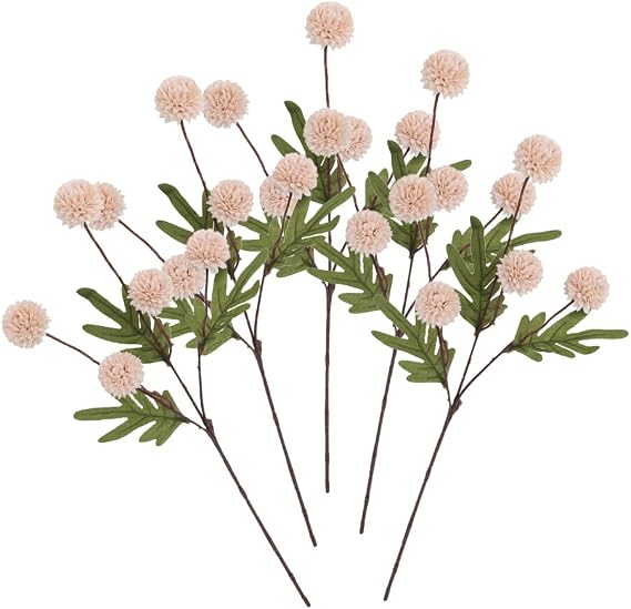 5 Pcs Artificial Silk Pompon Mum Long Stem Flowers, 20.4 Inch Bulk Faux Mini Silk Chrysanthemum Balls with Stem for DIY Bouquet Centerpieces Arrangements Shower Decorations (Autumn White)