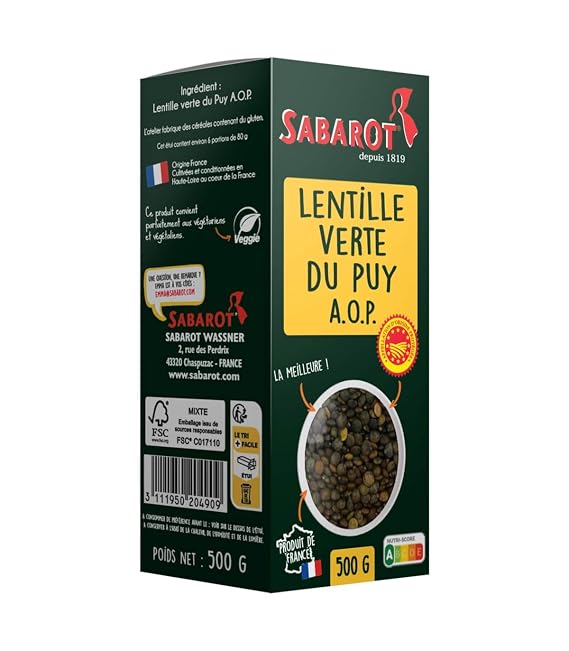 Sabarot French AOP Green Lentils from Le Puy, 17.6 oz (500 g)