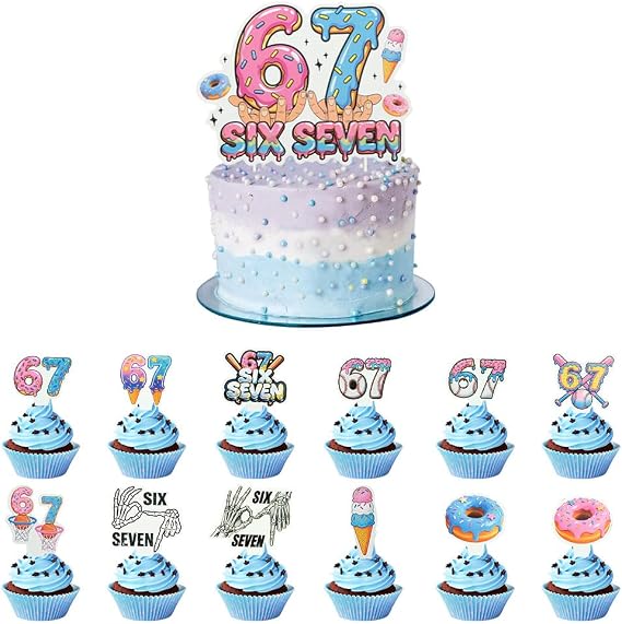 Donut & Ice Cream Theme 67 Birthday Decorations, 1 Large Cake Topper + 24 Cupcake Toppers (12 Designs) in Pink & Blue, Humorous "67" & Baseball Birthday Party Supplies