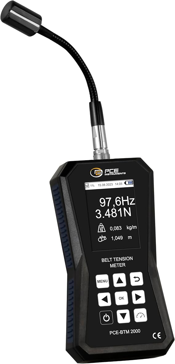 PCE Instruments PCE-BTM 2000A Belt Tension Meter, for Drive Belt Setup, Measures 10...900 Hz & computes tension (N/lbf), with gooseneck sensor, 750-value memory & multilingual LCD