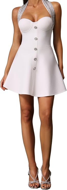 BELLA BARNETT White Halter Neck Sparkling Strap Decoration Tea Party Dress Button Down Front Flared Garden Party Dress