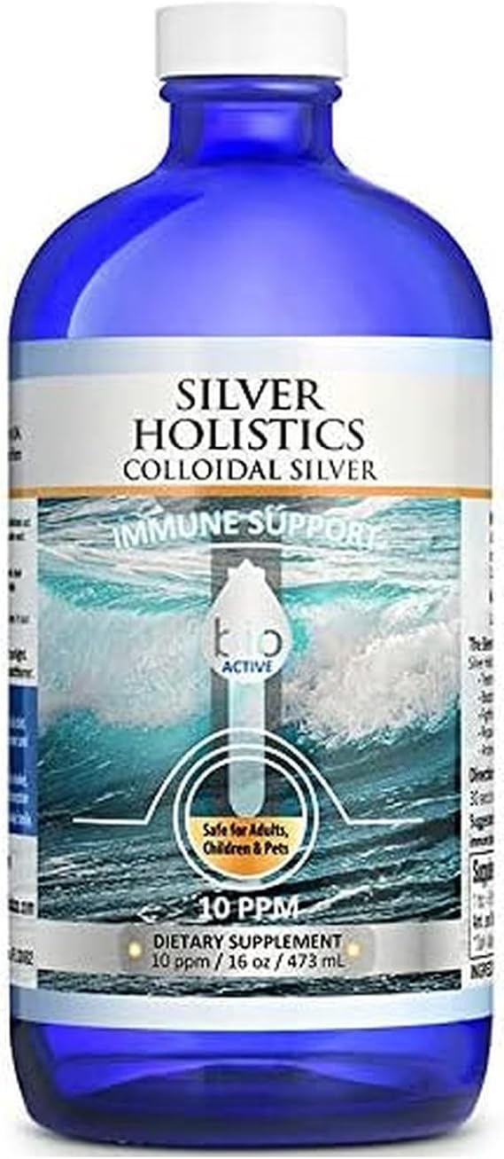 Colloidal Silver Liquid by Silver Holistics - 16 Oz. Glass Bottle - 10 PPM with Measuring Cups for Immune Support