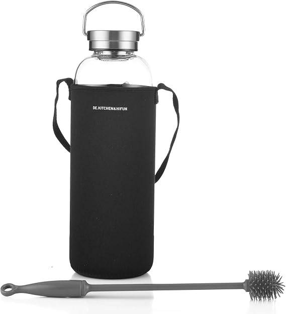 DE.KITCHEN&HIFUN Glasss Water Bottle 2l Large Borosilicate Glass 2L for Juice, Bottle Glass with Steel Cap Filter