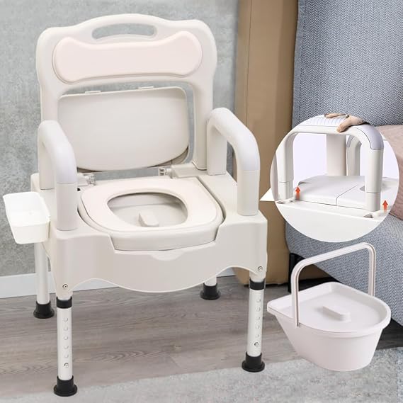 Japard Bedside Commodes for Senior Heavy Duty 555 lbs Support with 15.7 Inch Seat with Detachable Armrest, Adjustable Height Adult Potty Chair for Elderly with Lid Bucket Easy to Clean Home