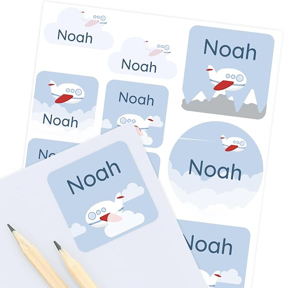 Camp Name Labels for Kids (33) Custom Waterproof Stickers for Water Bottles, Lunch Boxes, Daycare & School with Unique Designs - Airplane