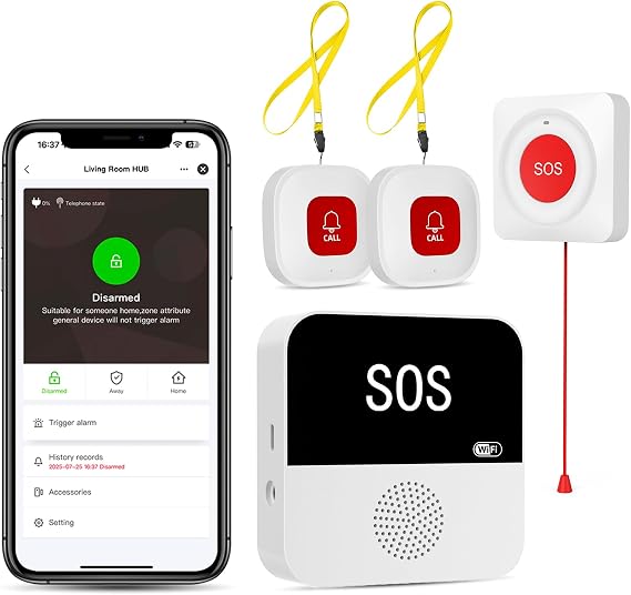 PILSAMAS WiFi Caregiver Pager, 2 Lanyards + 1 Pull Cord Emergency Button