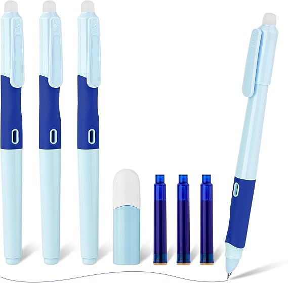 M&G Fountain Pens, 3 Pcs Erasable Fountain Pens with 3 Refillable Blue Ink Cartridges, Stainless Steel Nib, Fine Point Smooth Writing Pen for Office School Supplies (Blue)