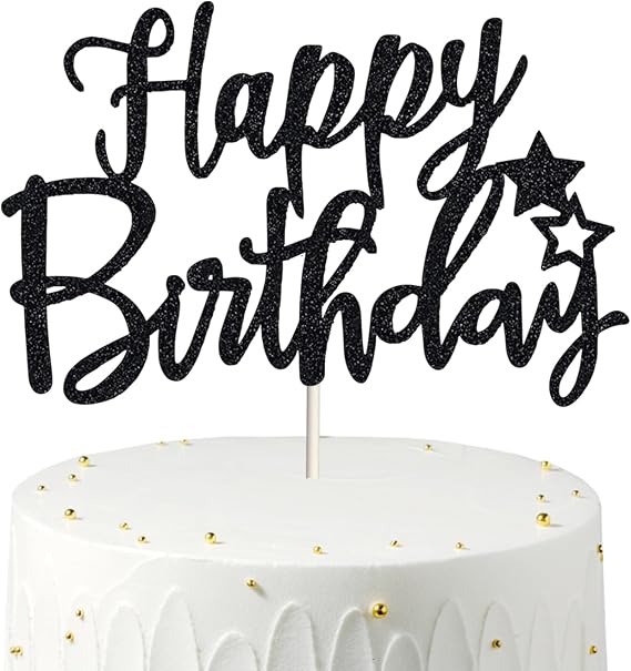 Happy Birthday Cake Topper - Black, Double Sided Glitter, 7.3 Inches
