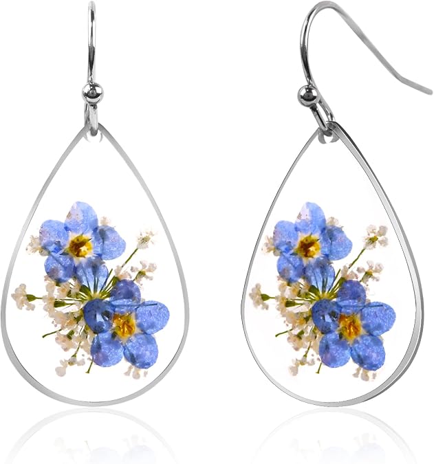 Forget Me Not Earrings, Pressed Flower Dangle Earrings for Women