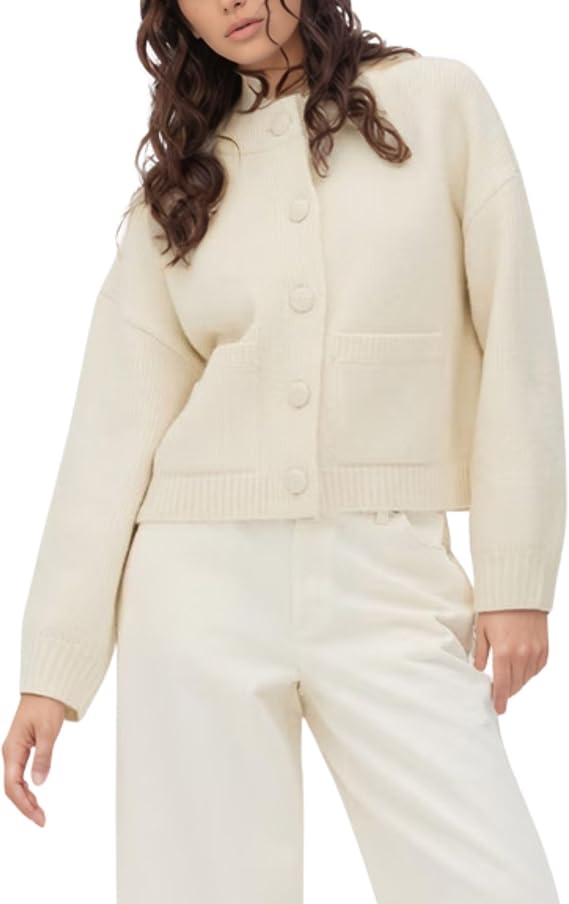 Xunger Womens Chunky Cropped Knit Cardigan Sweater Long Sleeve Button Down Crewneck Fall Sweater Coat with Pockets