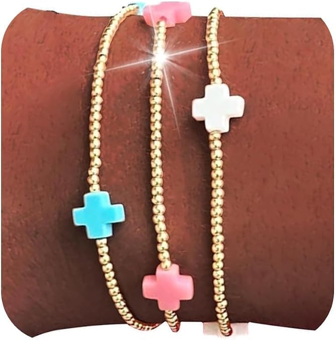 Long tiantian Gold Beaded Bracelets for Women Cross Stretch Bracelets Set Colorful Stackable Bracelet Non Tarnish Trendy Jewelry Gifts