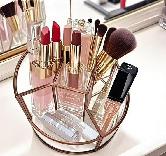 360 Rotate Makeup Brush Holder, Makeup Organizers Countertop, Perfume Tray, Bathroom Organizer and Storage for Eyeliner,Lipstick, Lazy Susan Organizer for Vanity Cabinet Dresser Bathroom (Brass)