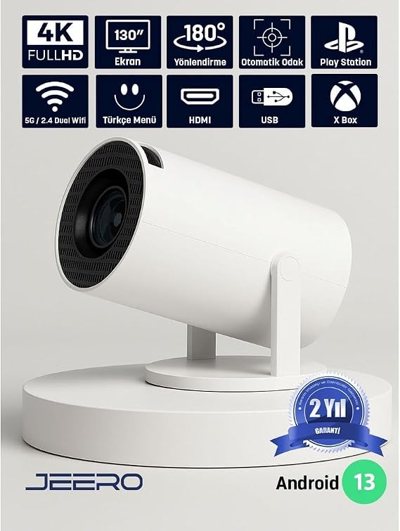 JEERO HY300PRO Multimedia Ultra Hd 1080p Android 13 Projeksiyon Cihazı (Türkçe Menü) H713 Chipset