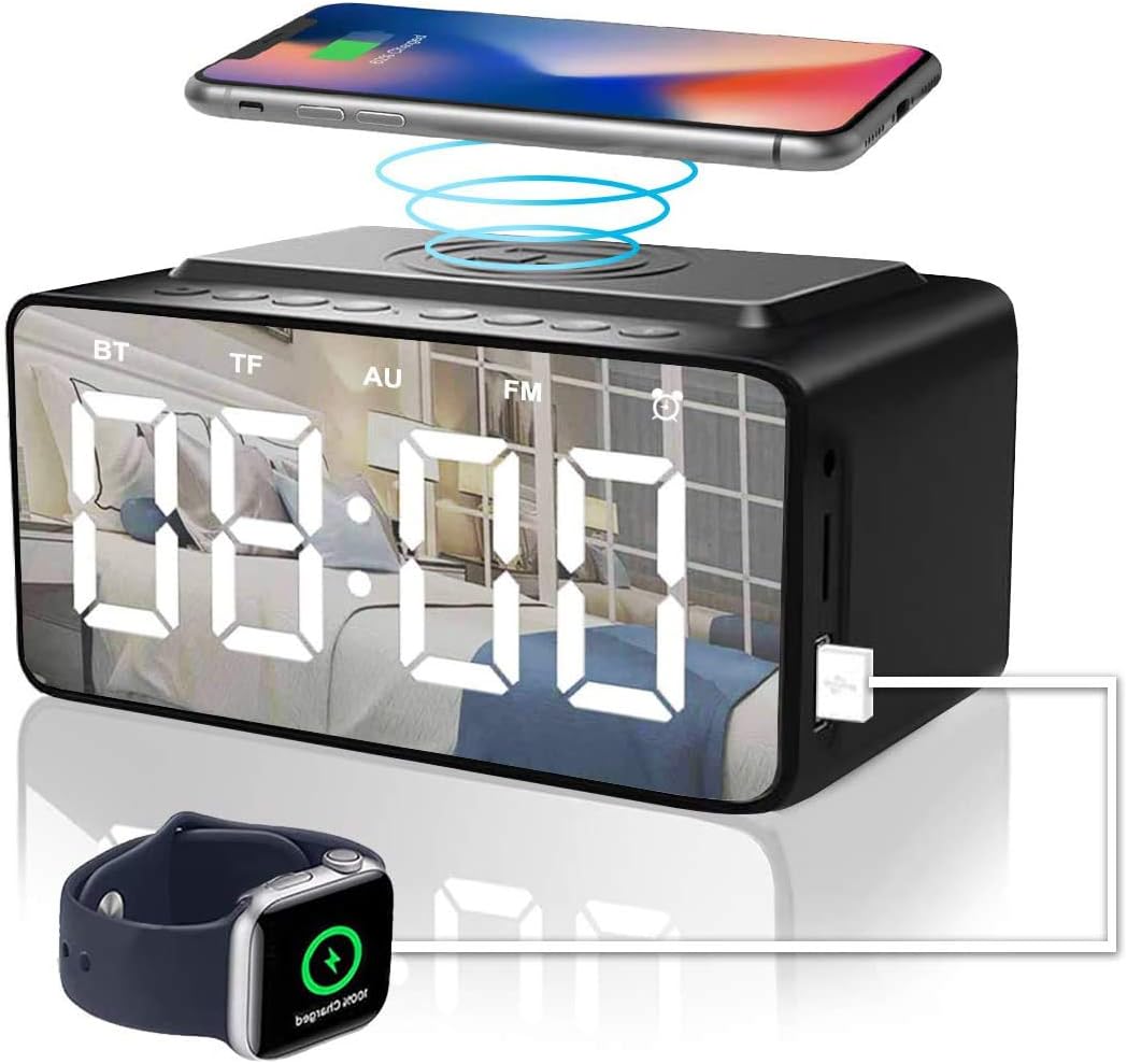 Alarm Clock Radio with Bluetooth Speaker, Alarm Clocks Bedside, Battery backup and USB port Powered Used as Wireless Charger and USB Charger, Snooze,Large HD LED Display