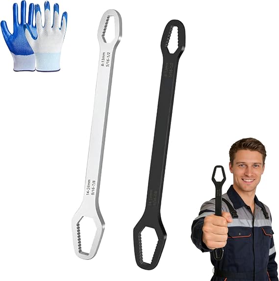 Double Ended Wrench, 8mm-22mm(5/16-7/8 Inch) Double End Multifunctional Self Adjustable Wrench Repair Tools, for Auto/Motorcycle/Bicycle Maintenance (Black+Silver)