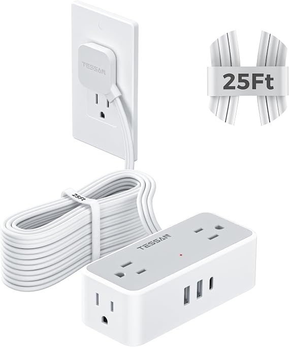 TESSAN Extension Cord 25 FT, Power Strip with 900J Surge Protection, Grey