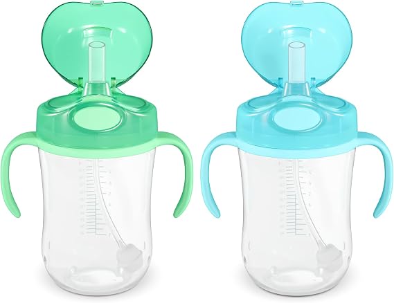 Amazon Basics Spill Proof Dishwasher Safe Silicone Weighted Straw Sippy Cup with Removable Handles, BPA Free, 9 Ounces, Blue/Green, Pack of 2 (Previously Mama Bear)