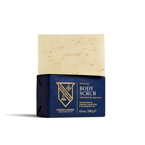 Caswell-Massey Heritage Body Scrub Castile Bar Soap for Men & Women, Exfoliating Natural Soap Bar for All Skin Types, Made with Essential Oils & Plant-Based Formula for Face & Body, 6.4 oz