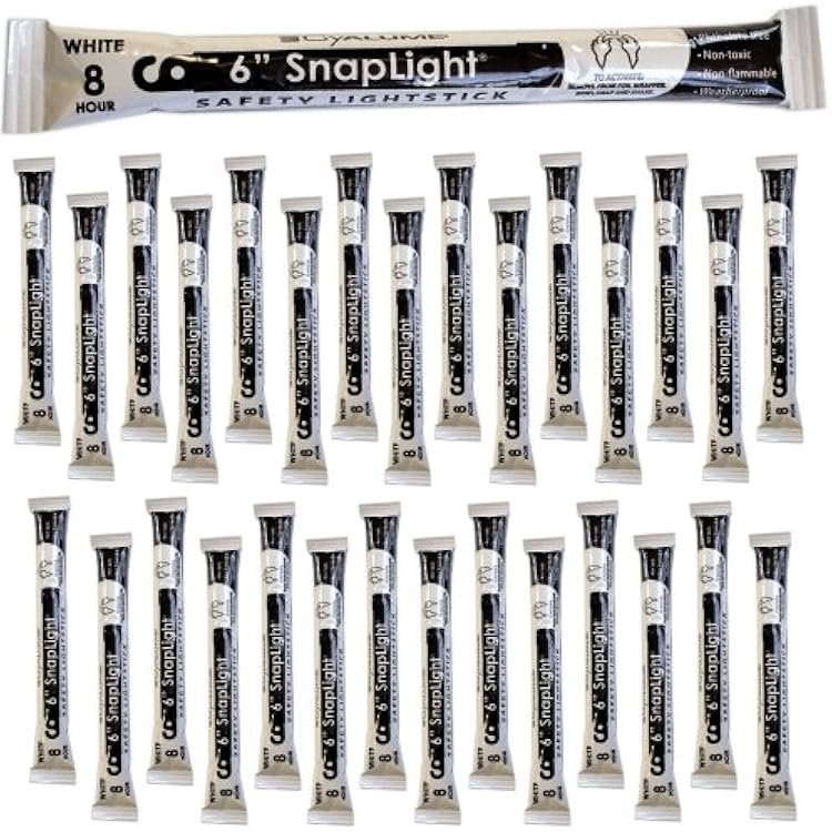 Cyalume White Emergency Glow Sticks - Premium 6 SnapLight Survival Glow Sticks with 8 Hour Duration for Use as Emergency Flares and Hiking Safety Gear Bulk Pack of 30 Safety Glow Sticks