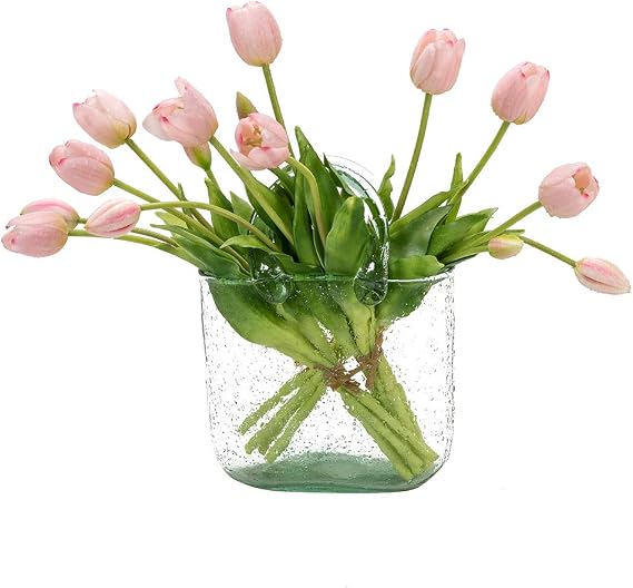 DUYONE 15Pcs Artificial Tulips Flowers, Soft Touch Realistic Latex Tulips Bouquet for Home Office Wedding Party Garden Decor, Fake Flowers for Dining Table Living Room Spring(Light Pink,15pcs)