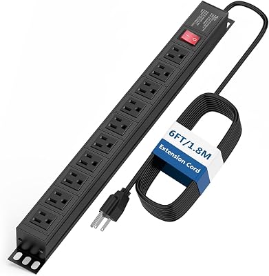 BTU 10 Outlet Power Strip Surge Protector, Wall Mount Outlet Power Strip Heavy Duty, Commercial Metal Power Strip Shop Power Strip with Switch and 6FT Extension Cord, ETL Certified Black