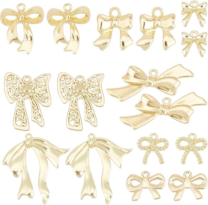 SUNNYCLUE 1 Box 32Pcs 8 Styles Gold Bow Charms Bulk Bowknot Charms Light Golden Alloy Metal Big Cute Bow Pendants for Jewelry Making Diy Craft Supplies Necklace Bracelet Earring Women Beginner Women