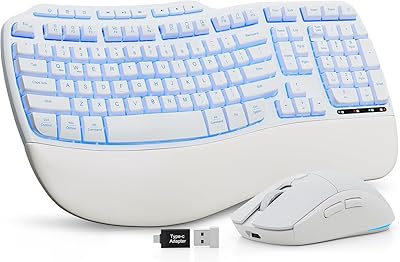 White Wireless Keyboard and Mouse Combo, Light up Ergonomic Keyboard Set, 2.4G Full Size Ergo Wave Key Board with Cushioned Plam Rest, Silent Mouse, for ComputerLaptopWindowsMac, Sablute