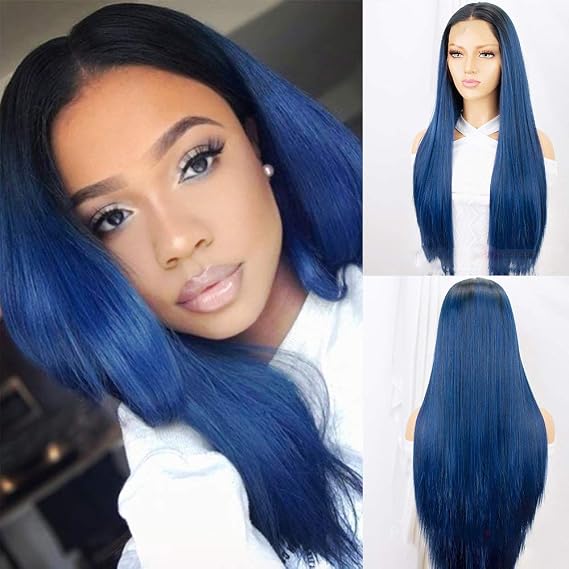 Blue Ombre Lace Front Wigs for Women Soft Long Wavy Dark Blue Lace Wig Pre Plucked Hairline Dark Roots Middle Parting Ombre Lace Wig Glueless Synthetic Heat Resistant 24 inches
