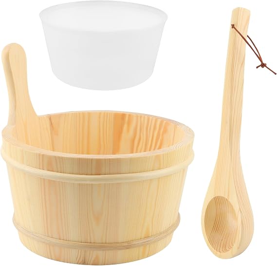 Sauna Bucket and Ladle Set with Liner, 1 Gallon Wooden Sauna Bucket