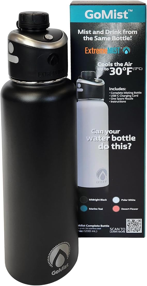 ExtremeMIST GoMist Misting & Drinking Bottle | Rechargeable Mist & Sip Water Bottle | Quick Charge USB-C Port | 2-Speed Mist Function | Stainless-Steel Double Wall Insulation, 40 oz (Midnight Black)
