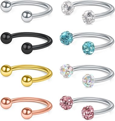 Ruifan 8PCS 20G Crystal Ferido & Shiny Ball Tiny Nose Septum Horseshoe Earring Eyebrow Lip Helix Tragus Cartilage Piercing Ring 8-10mm