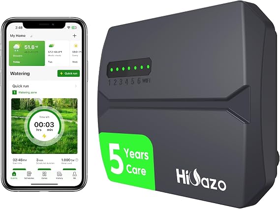Indoor Smart Sprinklers Controller WiFi, Irrigation Controller Easy Use App Enabled, 6 Zone + 16 Plans, Save Water Auto Skip Rain, Freeze & Wind, 10 Minutes Install