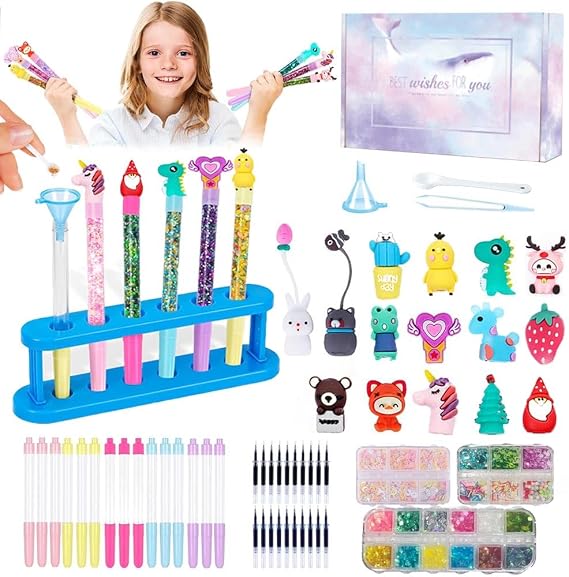 Topblux DIY Custom Glitter Pen Making Craft Kit with Charms for Kids 15 pc