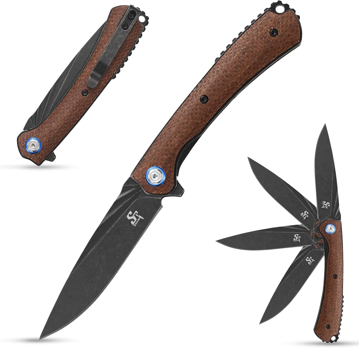 Sitivien ST144 Folding Knife,Black Stonewashed 14C28N Steel Blade,Micarta Handle Pocket Knife for Outdoor EDC Camping,Survival,Hiking,FishingBrown