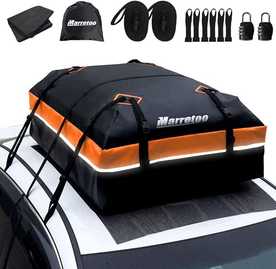 Weatherproof Car Roof Bag 600L, Car Top Storage for Camping & Travel, Universal Fit for SUV/Hatchback, affordable roof box UK Heavy-Duty PVC with Anti-Scratch Mat,Orange/21 Cubic Feet