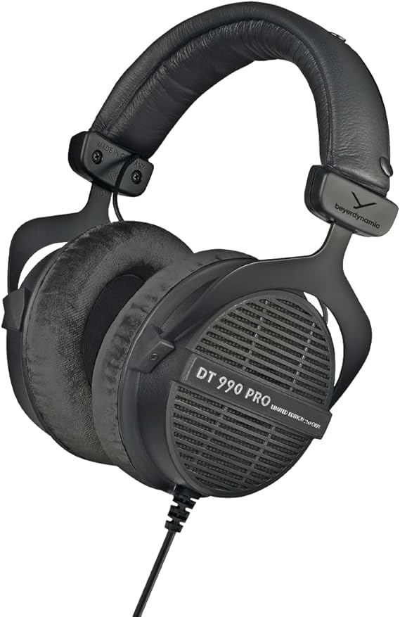 beyerdynamic DT 990 PRO, 250 Ohm, Open Back, Over Ear, Wired Headphones, 3m Coiled Cable, Black with Grey Velour Ear Pads