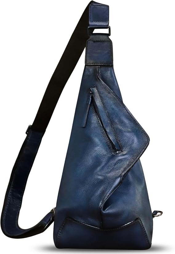 Genuine Leather Sling Bag for Men and Women Vintage Full Grain Leather Sling Purse Chest Daypack Over Shoulder Crossbody Bag (Navy)